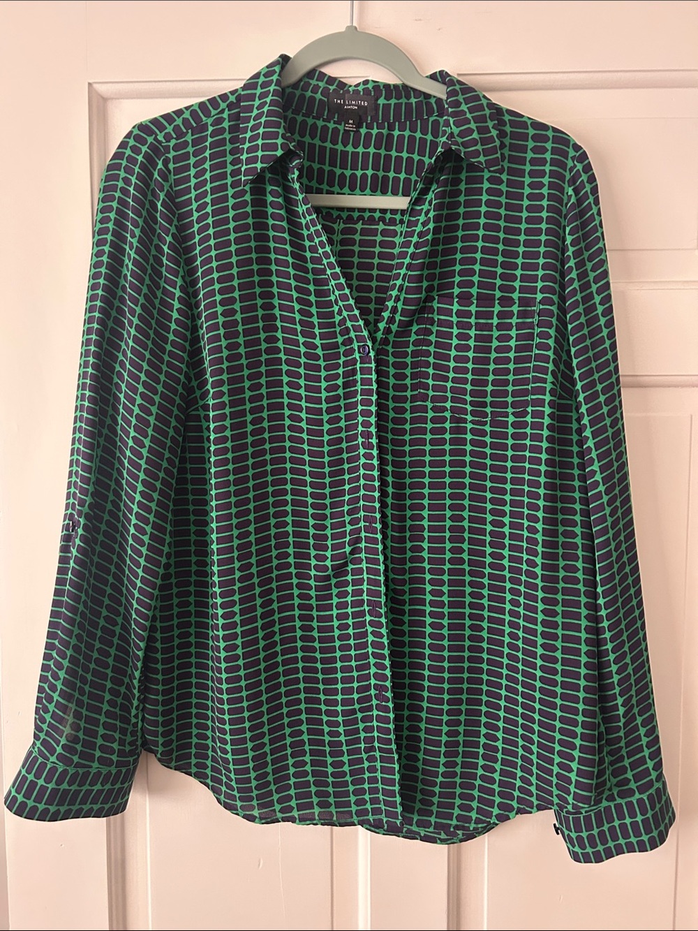 The Limited Ashton Green and Navy Geometric Button-Down Blouse